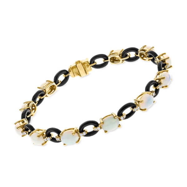 Opal and Onyx Bracelet with .38 ct. t.w. Diamonds in 14kt Yellow Gold. 7.25"